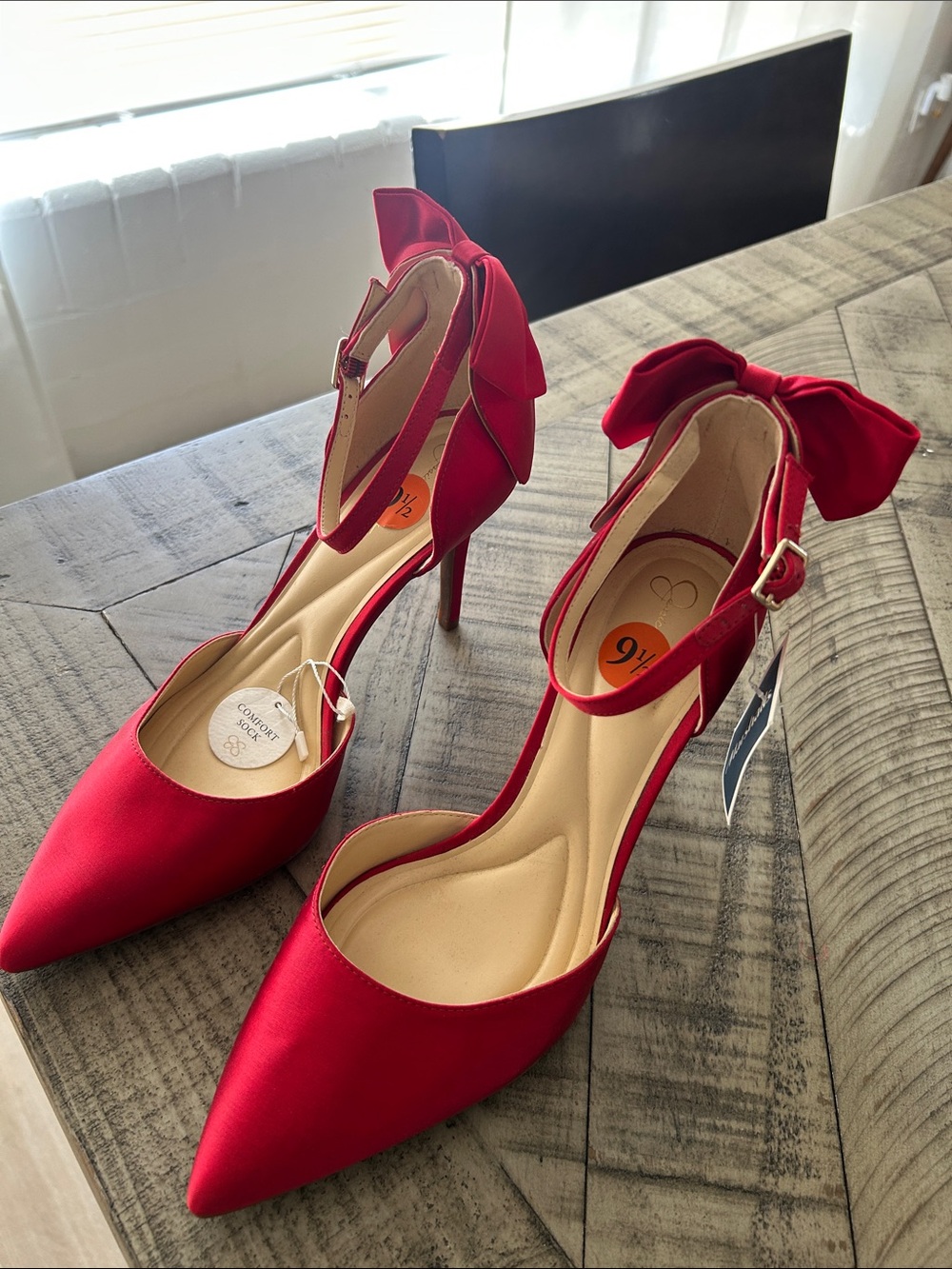 Jessica Simpson Red Satin Pointed-Toe Heels with Bow Ankle Strap